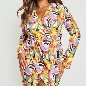 Boohoo - faux wrap- draped, lightweight/ Colorful Abstract Mini Dress